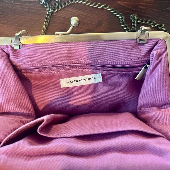 Anthropologie Audrey Plaid Clutch & Crossbody Purse Pink White Tweed Gold Chain - Picture 3 of 5